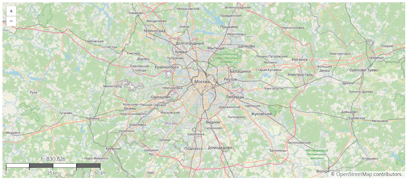 Пример отображения масштабной линейки (слева внизу) с указанием масштаба в виде отношения. Интерфейс OpenLayers + OpenStreetMap.