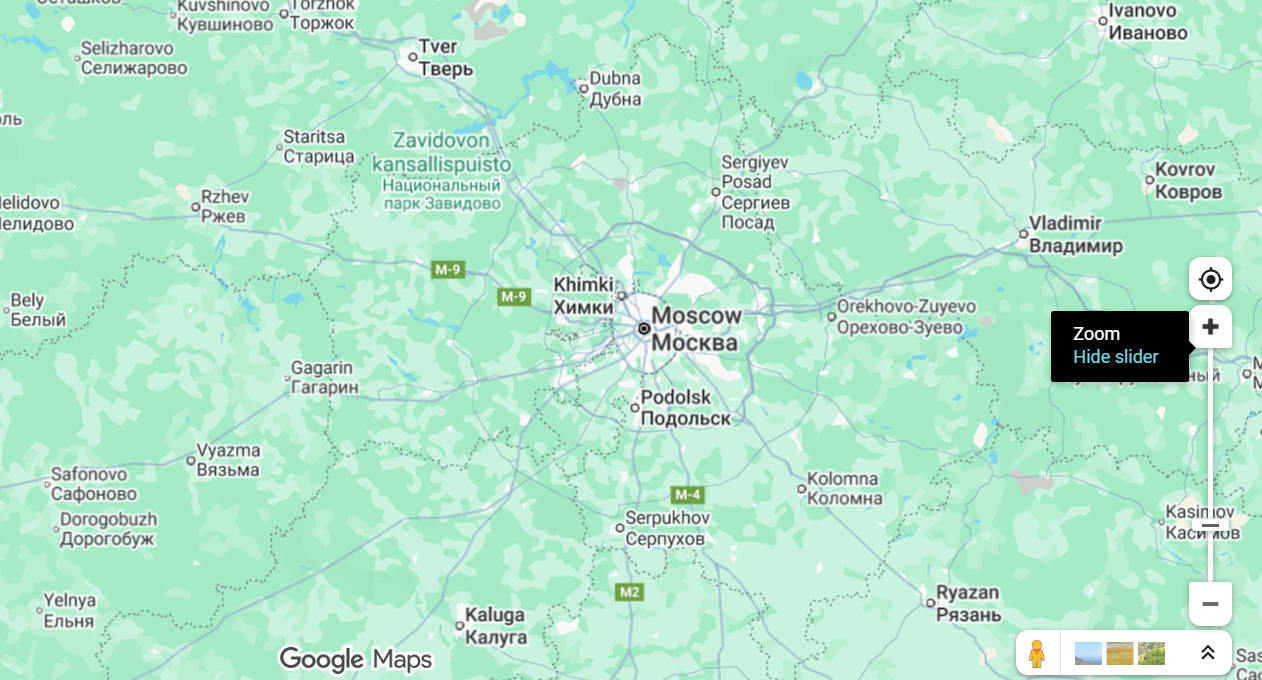Пример слайдера для пошагового изменения зума (справа). Интерфейс Google Maps.