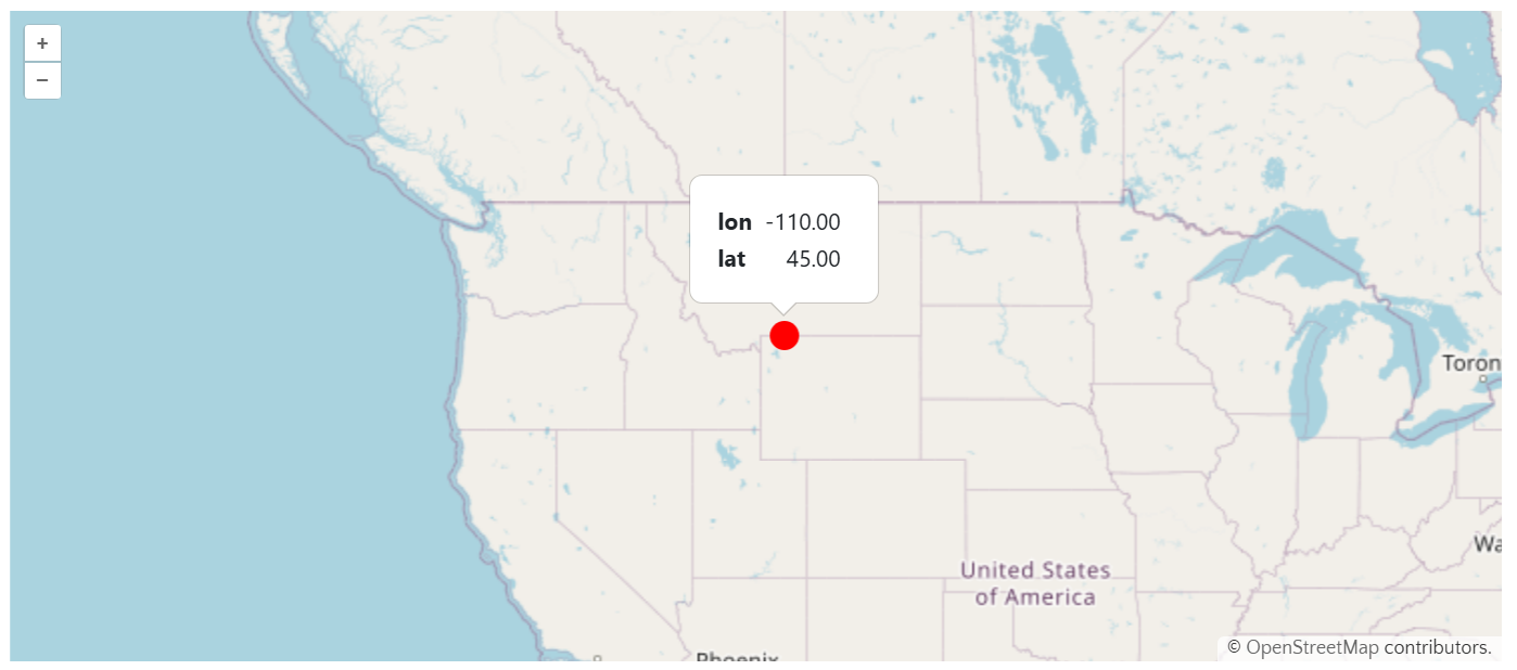 Пример точки с географическими координатами  −110°E 45°N в координатной системе EPSG:4326 (WGS 84). Интерфейс OpenLayers + OpenStreetMap.