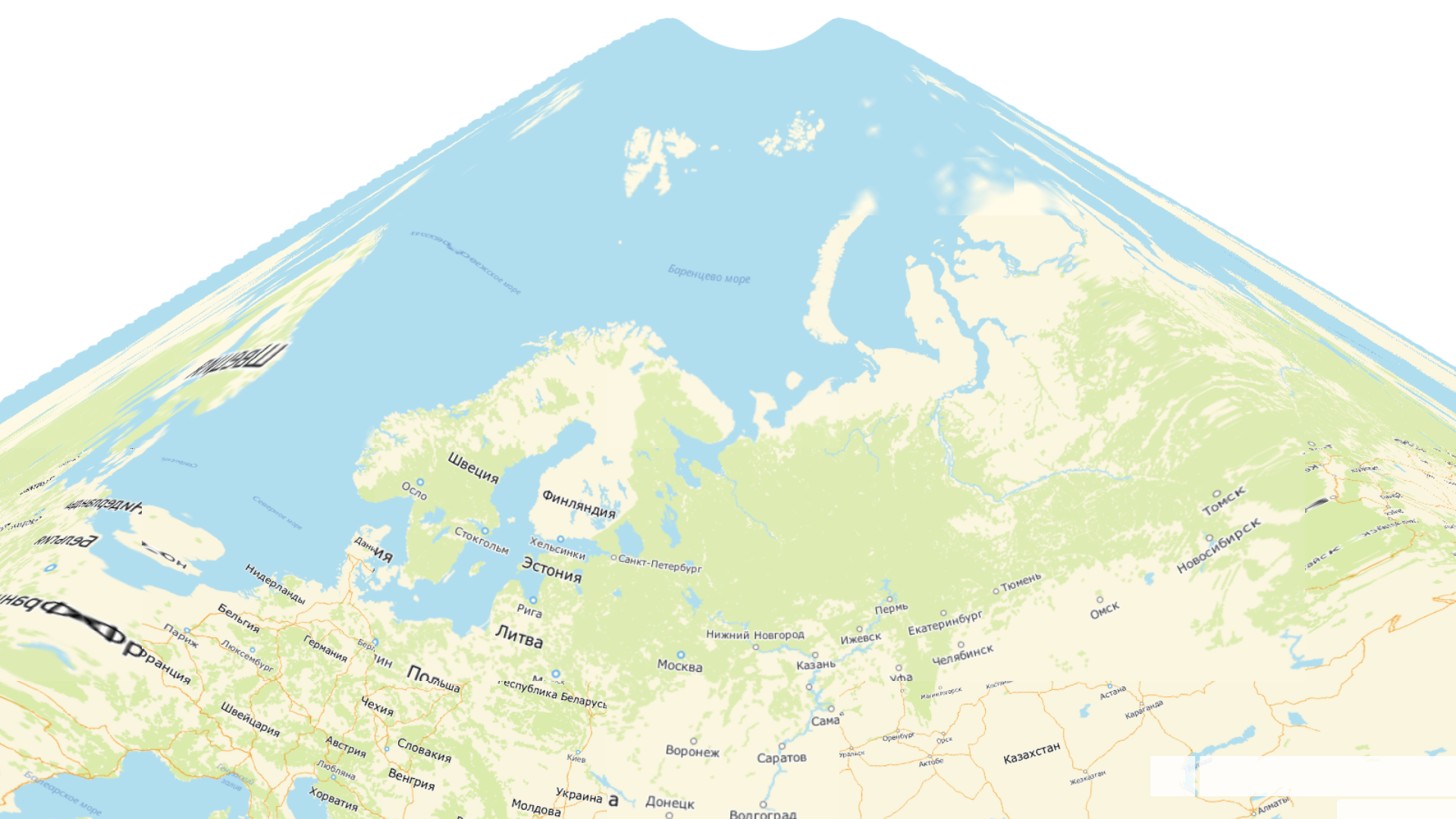 Пример искажения карты, вызванный попыткой отобразить данные в неверной проекционной системе. Данные сохранены в системе EPSG:3857, но отображаются в проекции одной из местных систем координат, не предназначенных для использования на всей поверхности Земли.