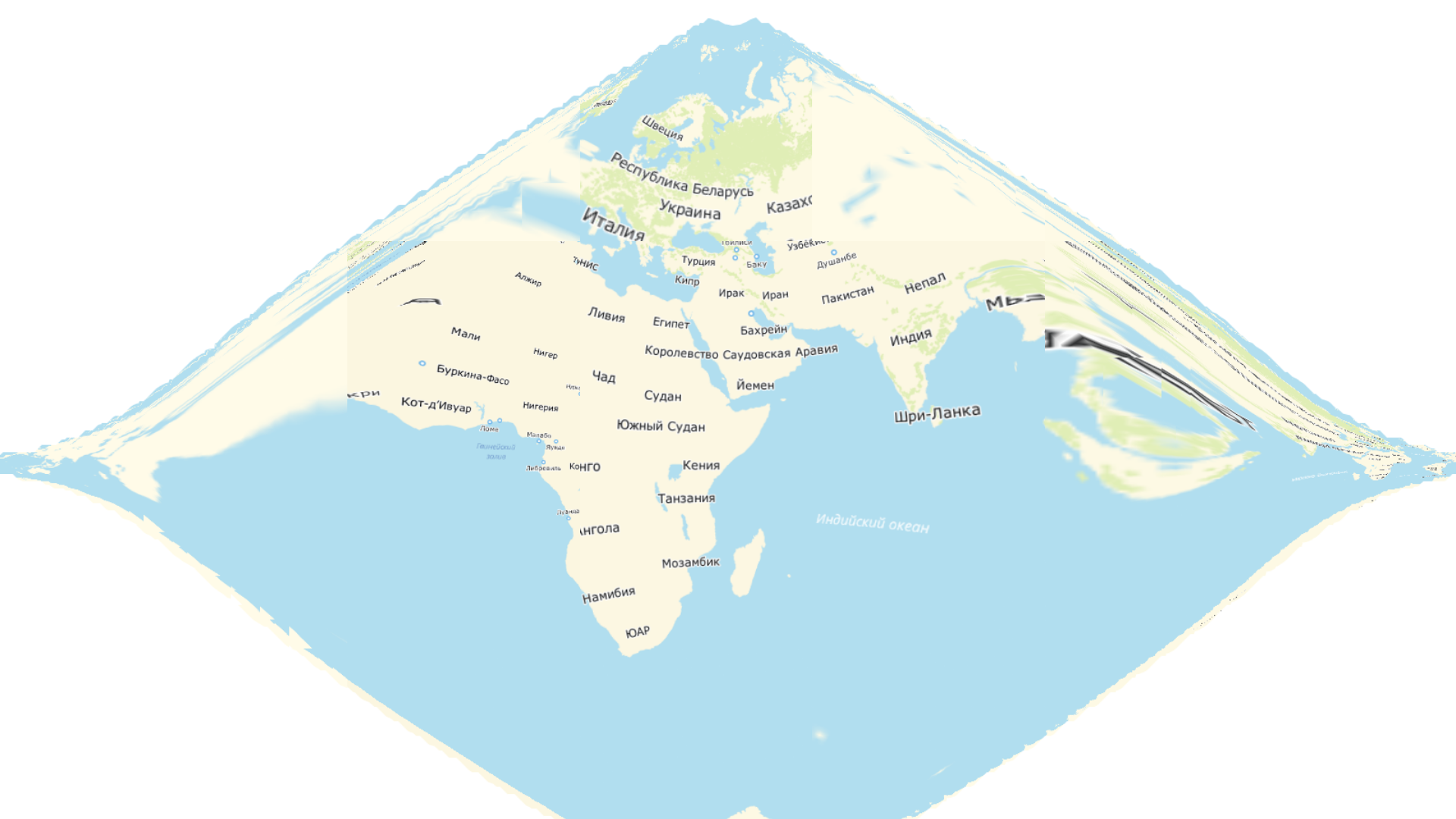 Пример искажения карты, вызванный попыткой отобразить данные в неверной проекции. Данные сохранены в системе EPSG:3857, но отображаются в проекции одной из местных систем координат.